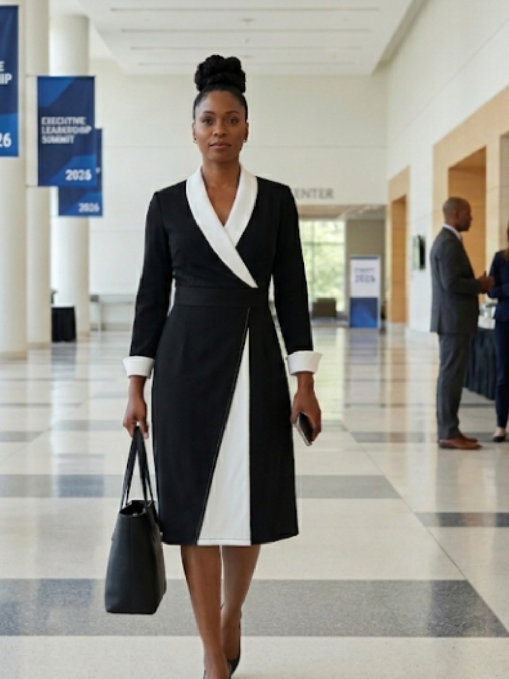 Black and White Wrap-Style Midi Dress